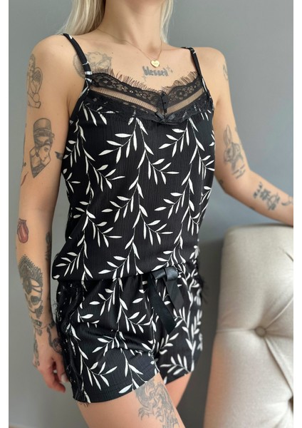 Siyah Zeytin Dalı Pegasus Dantel Detaylı Ip Askı Şortlu Örme Pijama Takımı