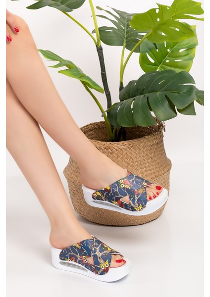 Lacivert Baykuş Desenli Çapraz Model Açık Airmax Taban Ortopedik Terlik