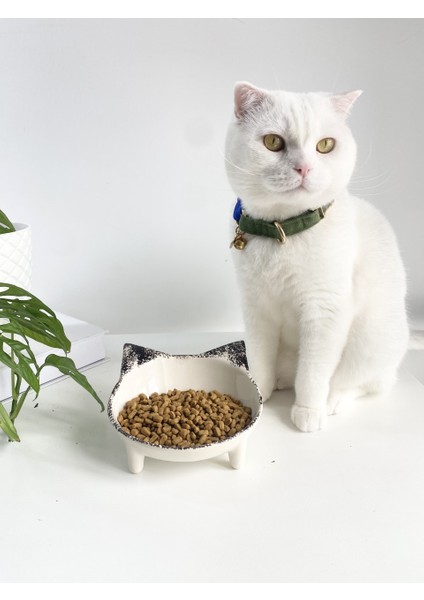 Seramik Sweet Cat Kedi Mama- Su Kabı (Siyah Desen)