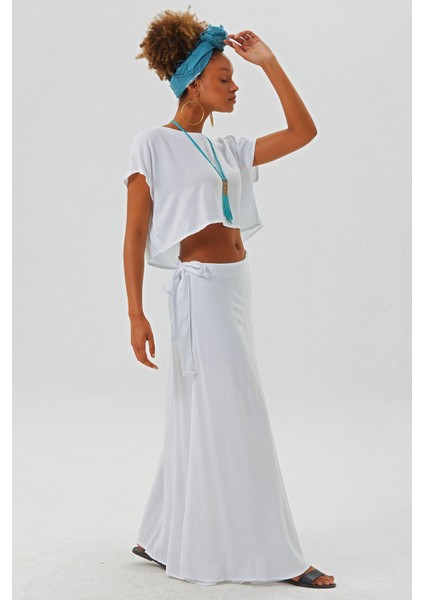 Kayık Yaka Oversize Yazlık Crop Bohem Bluz
