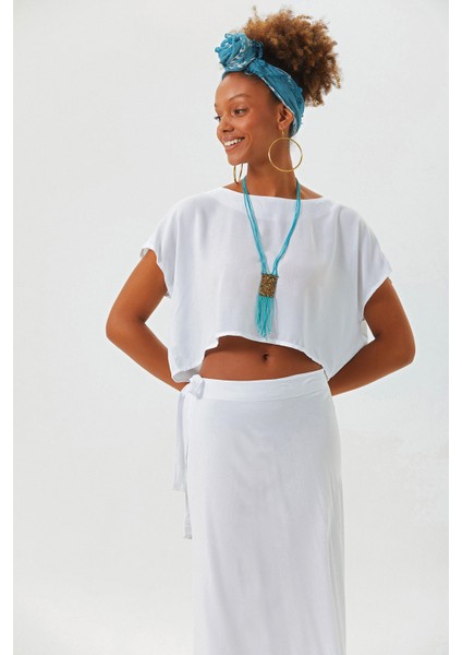 Kayık Yaka Oversize Yazlık Crop Bohem Bluz