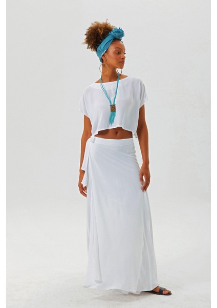 Kayık Yaka Oversize Yazlık Crop Bohem Bluz