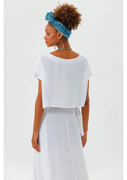 Kayık Yaka Oversize Yazlık Crop Bohem Bluz