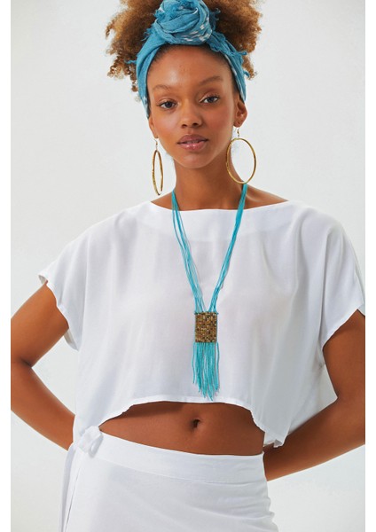 Kayık Yaka Oversize Yazlık Crop Bohem Bluz