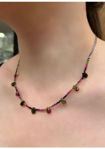 Turmalin Doğal Taşlı Gümüş Klipsli Kolye