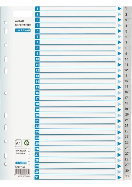 Pp Seperatör - Ayraç 1-31 Rakamlı