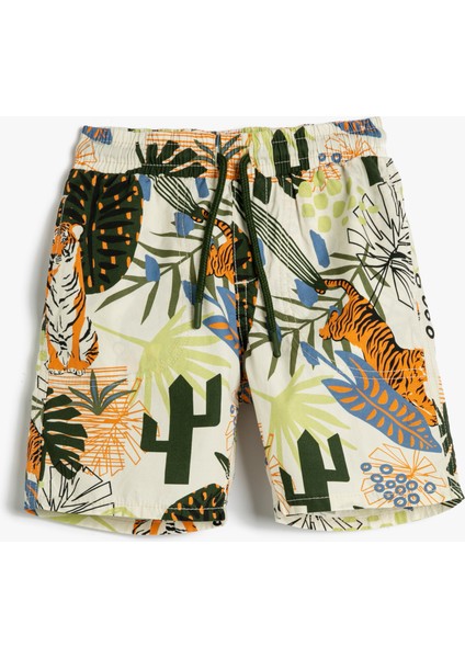 Şort Beli Bağlamalı Kaplan Baskılı Floral Desenli Pamuklu
