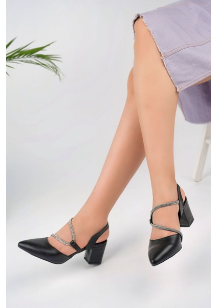 Sivri Kalıp Biyesi Taşlı Siyah Kadın Stiletto modelleri
