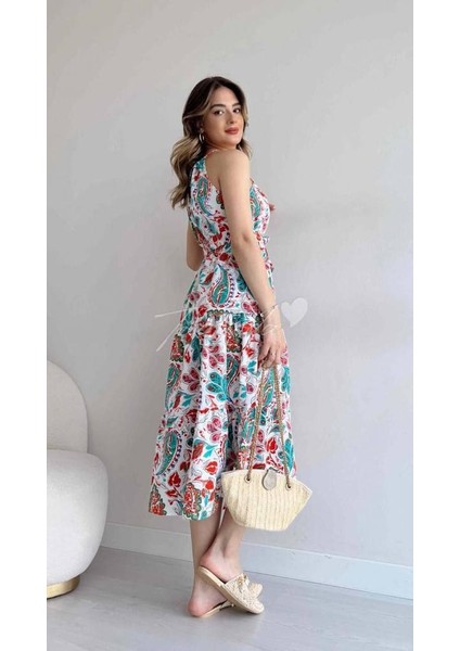 Boutique De Noche Halter Yaka Çiçekli Midi Boy Kadın Elbise - Beyaz