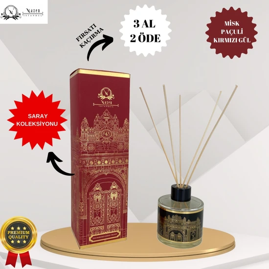 Nazen Istanbul Saray Koleksiyonu Altın Misk - Paçuli - Kırmızı Gül Dekoratif 120  ml Bambu Çubuklu Oda Kokusu