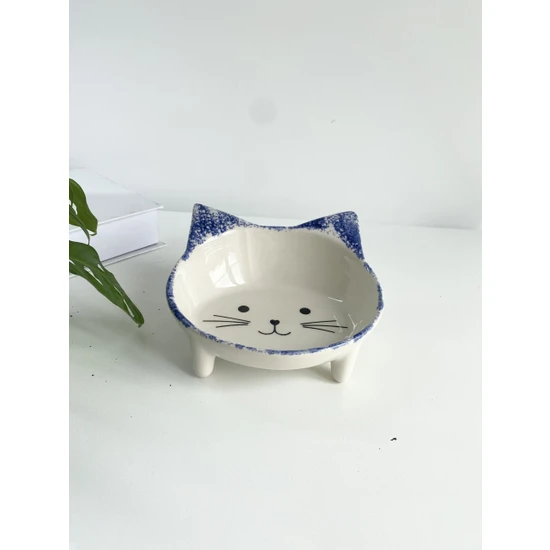 Stilin Bu Seramik Sweet Cat Kedi Mama- Su Kabı (Mavi Desen)