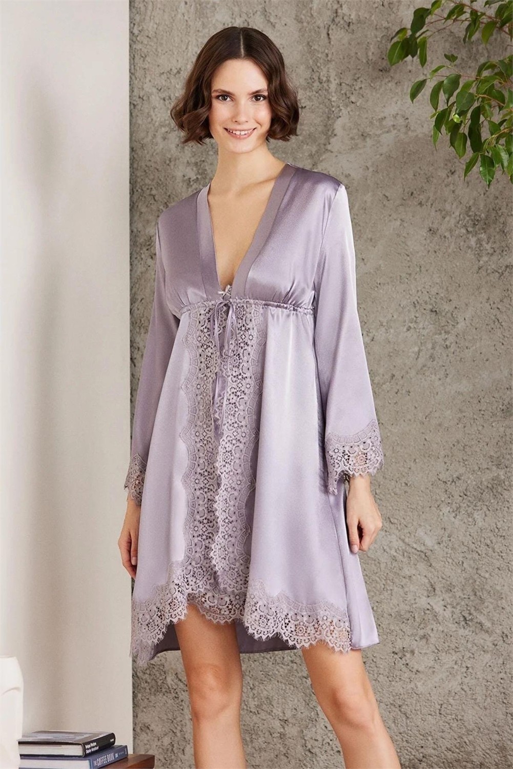 Pierre Cardin 7045 Kadın Dantelli Saten 4'lü Set-Bordo