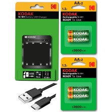 Kodak Pil Şarj Aleti Cihazı USB Kablolu 4 Adet Kalem Pili (Aa) 2600 Mha Dolabilen Pil 4 Lü 1 Paket Doldurulabilen