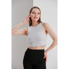 Thin Shop Gri Crop Bel Üstü Bayan Kaşkorse Bluz