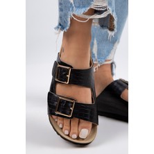 Manijero Croco Kadın Hakiki Deri Çift Tokalı Crocodile Siyah Terlik