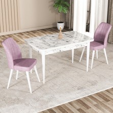 Gadahome Hestia Serisi Mdf Mutfak-Salon Masa Sandalye Takımı (2 Sandalyeli) Beyaz Mermer Görünümlü