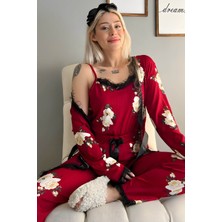 Pijama Evi Bordo Çiçek Desenli Sabahlıklı Pegasus Pijama Takımı