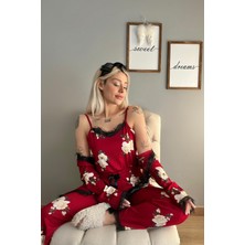 Pijama Evi Bordo Çiçek Desenli Sabahlıklı Pegasus Pijama Takımı