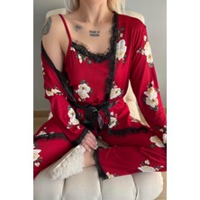 Pijama Evi Bordo Çiçek Desenli Sabahlıklı Pegasus Pijama Takımı