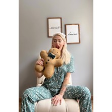 Pijama Evi Yeşil Zeytin Dalı Desenli Örme Önden Düğmeli Kısa Kol Kadın Pijama