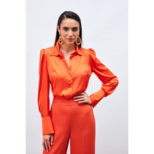 Sateen Vatkalı Saten Gömlek - Oranj
