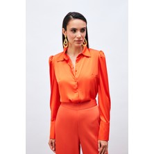 Sateen Vatkalı Saten Gömlek - Oranj