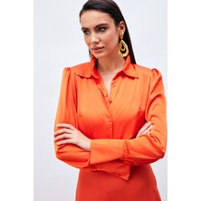 Sateen Vatkalı Saten Gömlek - Oranj