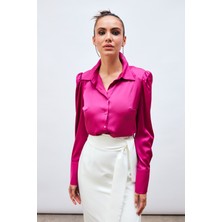 Sateen Vatkalı Saten Gömlek - Fuşya