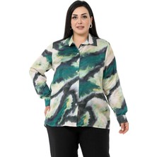 Disentis Modest Büyük Beden Batik Desenli Saten Yeşil Gömlek