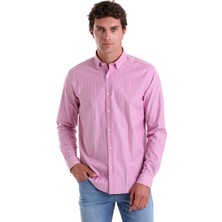 Saykı Pembe Ç. Slim Fit Çizgili Slim Yaka Pamuklu Uzun Kollu Casual Gömlek