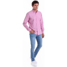 Saykı Pembe Ç. Slim Fit Çizgili Slim Yaka Pamuklu Uzun Kollu Casual Gömlek