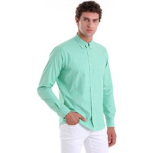 Saykı Yeşil Slim Fit Çizgili Slim Yaka 100% Pamuk Uzun Kollu Casual Gömlek