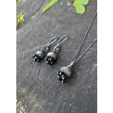 Kazzaze Oksitli Gümüş Kazaziye Siyah Tomurcuk Küpe Kolye Set