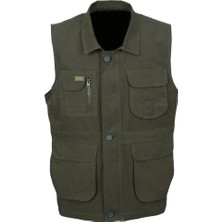 Sanalbolluk Yakalı ve Torba Cepli Yazlık Kumaş Yelek Haki Renk