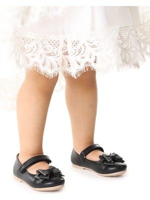 Kiko Kids Cırtlı Kum Sim Fiyonklu Kız Çocuk Babet Ayakkabı Ege 202 Cilt Siyah