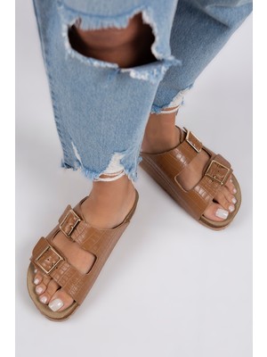 Manijero Croco Kadın Hakiki Deri Çift Tokalı Crocodile Taba Terlik