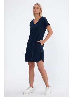 Vena Kadın Helly Blue Black V Yaka Kısa Kollu Jean Elbise Lyocell