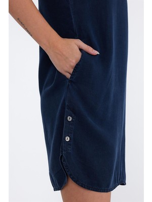 Vena Kadın Helly Blue Black V Yaka Kısa Kollu Jean Elbise Lyocell