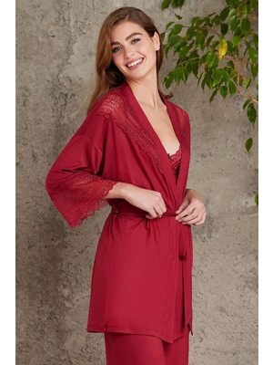 Pierre Cardin 2820 Kadın Penye Dantelli Sabahlıklı Pijama Takım-Bordo