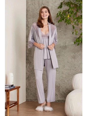 Pierre Cardin 2820 Kadın Penye Dantelli Sabahlıklı Pijama Takım-Royal
