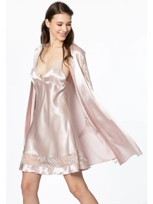 Pierre Cardin 4065 Kadın Saten Dantelli Gecelik Sabahlık Takım-Pudra