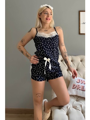 Pijama Evi Lacivert Yaprak Dantel Detaylı Ip Askı Şortlu Örme Pijama Takımı