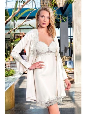 Nurteks 5393 Kadın Dantelli Saten Gecelik Sabahlık Takım-Ekru