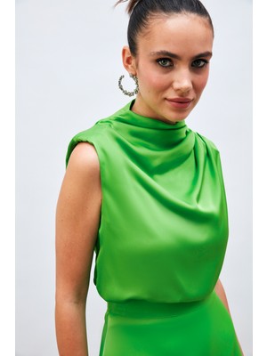 Sateen Drapelı Kolsuz Bluz Açık Yeşil