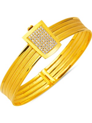 Bilezikci Klasik 3 Sıra Taşlı Hasır Kelepçe Altın Bilezik Kadın Kullanıcı İçin Sarı Renk