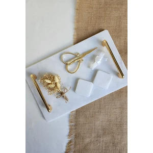 IOA Design 6 Parçalı Set - Nergis Gerçek Ince Mermer Söz/nişan Tepsi Seti - Altın Kulp