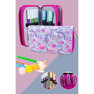 Kalem Kutusu Unıcorn Kawaii Desen Orginazer Üç Bölmeli Vegan Deri (Kalemlik) Pembe