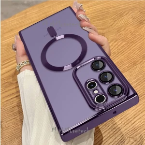 M.TK Moveteck Samsung Galaxy S22 Ultra Kılıf Magsafe Wirelles Şarj Destekli Parlak Renkli Kenar Arkası Şeffaf