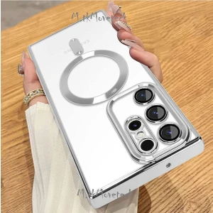 M.TK Moveteck Galaxy S22 Ultra Kılıf Magsafe Wirelles Şarj Destekli Parlak Renkli Kenar Arkası Şeffaf