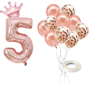 Patladı Gitti Rakam Rose Gold Folyo Balon, Kral Tacı ve Konfetili Rose Gold Balon
